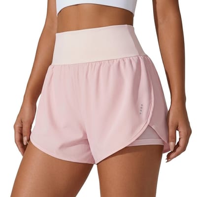Roze dames sport shorts yoga korte broek met binnenbroek hoge taille ademende fitness shorts casual hardloop broek maat S