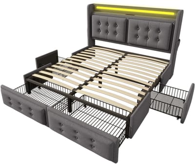 Gestoffeerd tweepersoonsbed van 140x200 mm met LED-hoofdbord, USB-C-oplaadfunctie, 4 lades, opbergruimte, frame van hout en metaal, lattenbodem, draagvermogen van 300 kg, grijs, katoen (matras niet inbegrepen).