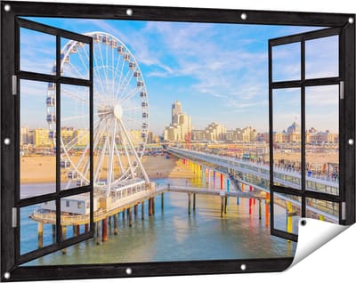 Gards Tuinposter Doorkijk Scheveningen Pier met de Ferris Wheel - Reuzenrad - 120x80 cm - Tuindoek - Tuindecoratie - Wanddecoratie buiten - Tuinschilderij