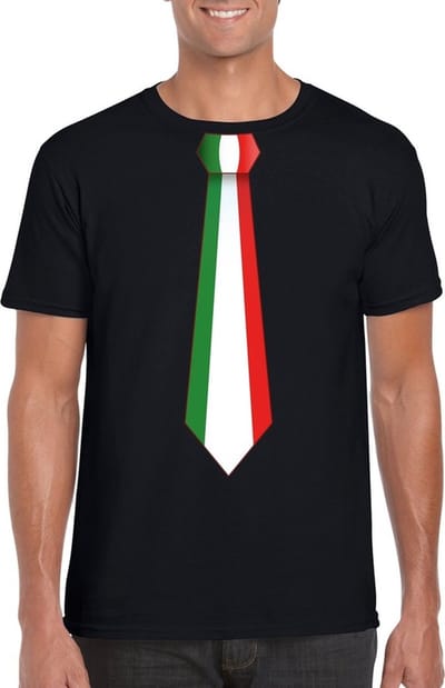 Supporters T-shirt - zwart - met vlag Italie kleuren stropdas - heren - korte mouw S