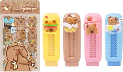 Set van 4 Ingetrokken Gum en 6 Stickers, Schattige Capybara Schoolbenodigdheden voor Kinderen, Perfect voor Kantoor en Creatief Gebruik