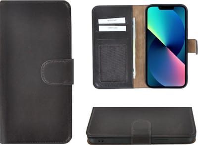 Hoesje Geschikt voor iPhone 13 Mini - Bookcase - Portemonnee Hoes Echt leer Wallet case Donker Bruin