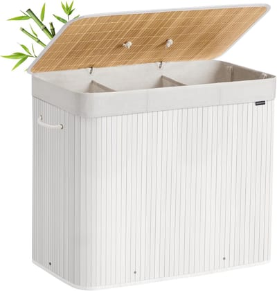 SONGMICS Wasmand met deksel, 3 compartimenten, 170 liter, bamboe wasmand, opvouwbare waszak, afneembaar en machinewasbaar, met handgrepen, voor wasruimte of slaapkamer, wit – LCB013W01