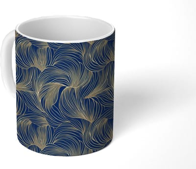 Mok - Koffiemok - Abstract - Lijnen - Blauw - Goud - Mokken - 350 ML - Beker - Koffiemokken - Theemok