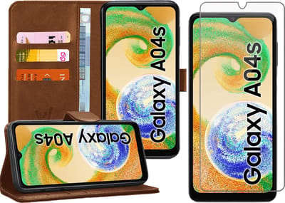 Hoesje geschikt voor Samsung Galaxy A04s / A13 5G - Screen Protector GlassGuard - Book Case Kunstleer Pasjeshouder Bruin & Screenprotector