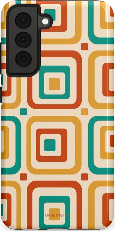 Casetastic hoesje geschikt voor Samsung Galaxy S21 FE 5G - Dubbellaagse bescherming - Retro Vierkant verlangen - Fashion Case - Crème Terracotta Goud Turquoise