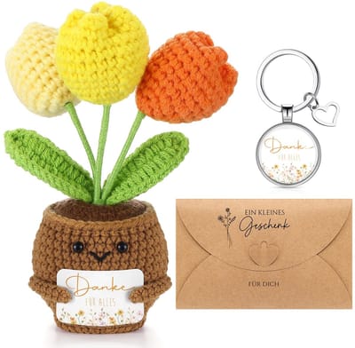 Dailygoods- Sleutelhanger Afscheidscadeau - Gehaakte Bloemen - Cadeau voor Collega's - Veelkleurig - Roestvrij Staal - 3 x 3 cm