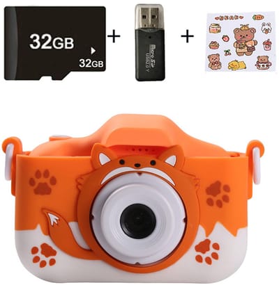 Kindercamera - HD Dual Camera, 32 GB Geheugenkaart Inclusief | Schattig Cartoon Ontwerp (oranje) | Cadeau voor Kinderen 3-12 Jaar