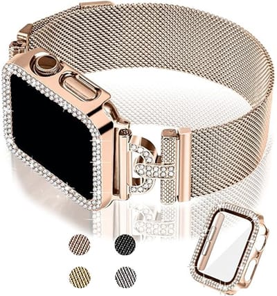 Stravo Slanke Milanese Bandje voor Apple Watch Series 9 41mm / Series 8 41mm / Series 7 41mm – Rosé goud – Elegant Dames Horlogeband met Magnetische Sluiting + Bling Glitter Case Hoesje ( Screenprotector ) - iWatch Bandje