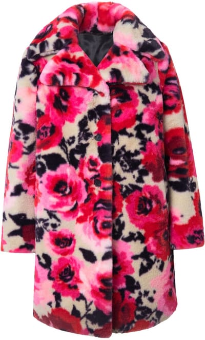 MIAMODA - Dames - Pluche mantel straight fit rozenprint - Karamel - Maat 46