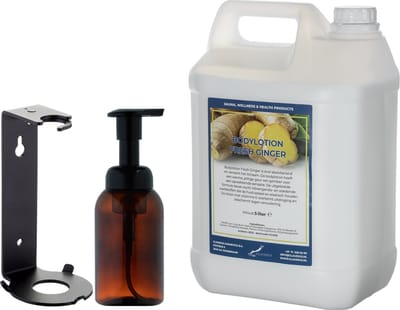 Zeepdispenser 300 ml amber bruin hervulbaar + 5 Liter Bodylotion Fresh Ginger navulling (inclusief beugel)