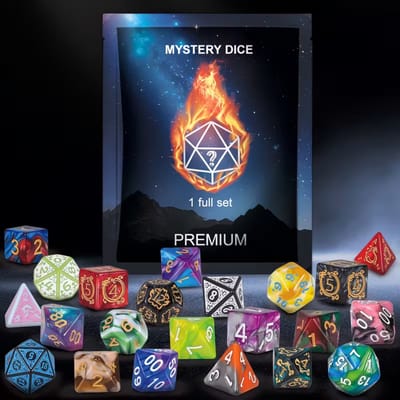 FA-VE Mystery Dice Bag – 7-Delige Dobbelstenen Set voor D&D – Inclusief Luxe Zakje – Surprise Kleuren & Designs – Voor TTRPG, Pathfinder, DnD & Meer