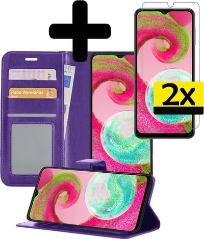 Hoesje - Met 2x Screenprotector - Geschikt voor Samsung Galaxy A04s - Luxe Pasjeshouder - Bookcase Portemonee - Flip Case - Kunstleer Book Case - Flipcase Hoes - Book Cover - Walletcase - Portemonneehoes - Telefoonhoesjes - Paars