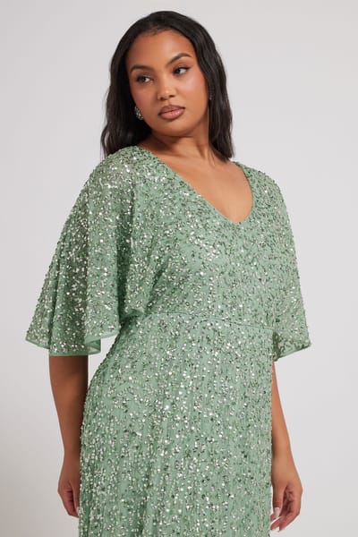 Luxe: Ultimate Embellishment Luxe Maxi Jurk Met Paillettenversiering En Engelmouwen In Saliegroensize 42