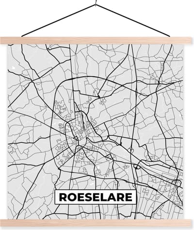 Posterhanger incl. Poster 40x40 cm - Schoolplaat - Stadskaart – Zwart Wit - Kaart – Roeselare – België – Plattegrond - Textielposter - Blanke latten - Stadskaart
