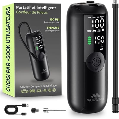 Thijox - Woowind Elektrische Fietspomp 150 PSI Draagbare Luchtcompressor met LED-Licht - Bandenpomp voor Auto, Fiets, Motoren en Sportballen - Automat