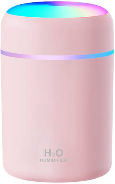 Mini luchtbevochtiger - Draagbare ultrasone luchtbevochtiger - Stille werking - Waterreservoir van 300 ml - Werkt op USB - Geschikt voor auto's, slaapkamers en kantoren - Met sfeerverlichting - Roze