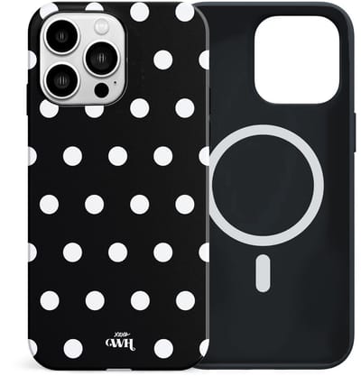 xoxo Wildhearts Polka Dots (Zwart) - Double Layer - Magnetisch hoesje geschikt voor iPhone 13 Pro MagSafe - Hard case met stippenpatroon - Beschermhoes - Shockproof case - Stippatroon - Zwart / Wit