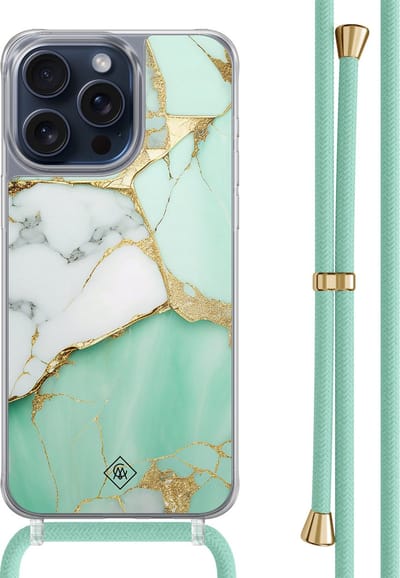 Casimoda® hoesje met mintgroen koord - Geschikt voor iPhone 15 Pro Max - Marmer Mintgroen - Afneembaar koord - TPU/polycarbonaat - Mint