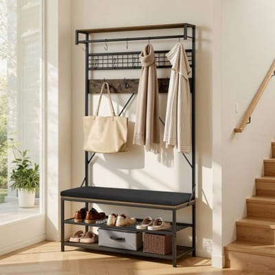 VEVOR halgarderobe 1015 x 400 x 1830 mm, kapstok met schoenenbankje en schoenenplank (2 niveaus), vrijstaande garderobe met metalen rooster en kledingstang, ideaal voor de hal of slaapkamer.
