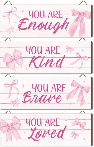 Inspirerende Roze Wanddecoratie Set van 4 Houten Plaquettes voor Meisjeskamers en Badkamers