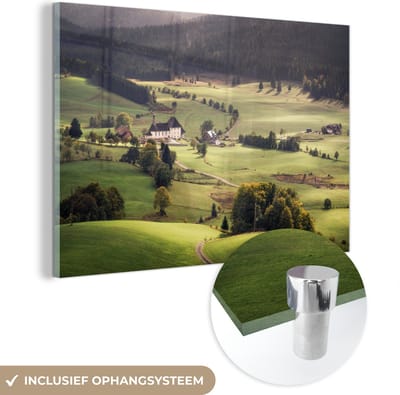® Glasschilderij 180x120 cm - Schilderij acrylglas - Panoramisch uitzicht over een dorpje bij het Zwarte Woud in Duitsland - Foto op glas - Muurdecoratie woonkamer - Wanddecoratie slaapkamer - Schilderijen