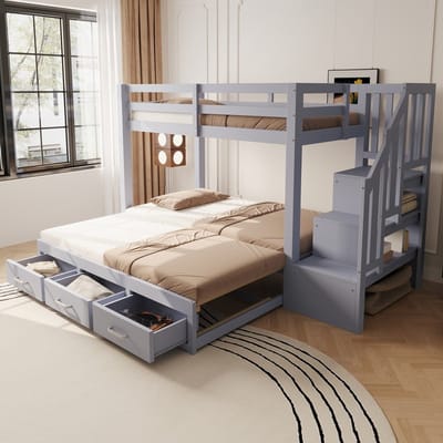 KOMHTOM - Stapelbed - 90 x 200 cm - uitschuifbed 90/180*190 cm - met opbergladder met meerdere lades - uitschuifbedfunctie - jeugdbed - lattenbodem - houten bed - grijs