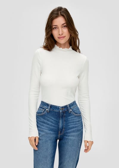Dames T-shirt met lange mouwen, aansluitend, geribde knit, col rol QS