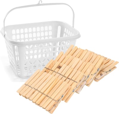 Wasknijpers verzamelen kunststof wit mandje met haak en 150x stuks houten knijpers 7.5 cm - Was ophangen