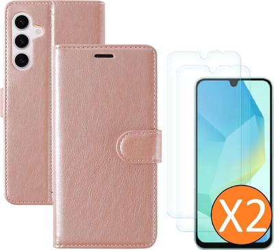 Hoesje geschikt voor Samsung Galaxy A16 4G / 5G hoesje Rose Goud pasjeshouder telefoon hoes - Met screenprotector tempered glass voor Galaxy A16 4G / 5G - 2x