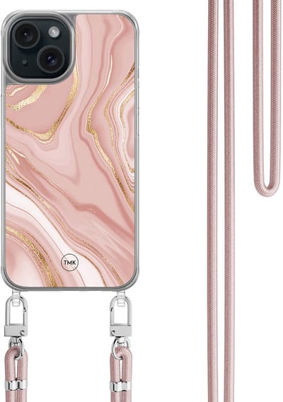 Casevibes - Telefoonhoesje met koord - Geschikt voor Apple iPhone 15 - Rose marble - Roze - Marmer