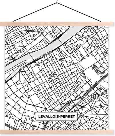 Posterhanger incl. Poster 40x40 cm - Schoolplaat - Levallois-Perret - Stadskaart - Plattegrond - Kaart - Frankrijk - Zwart wit - Textielposter - Blanke latten - Stadskaart