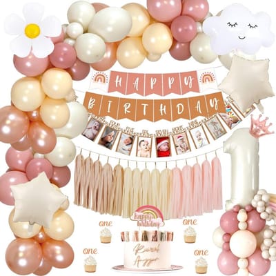 Dailygoods- Verjaardagdecoratie Boho-thema - 1e Verjaardag - Folieballon Cijfer 1 - Happy Birthday Banner - Ballonnenboogset - Taarttopper ONE - Feestdecoratie