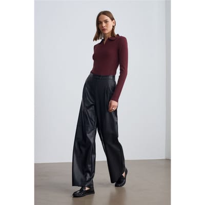 Hoge taille brede faux leren broek