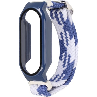 Bracelet de montre tressé en nylon doux avec étui pare-chocs et accessoire de protection d'écran compatible avec Mi Band 7 multicolore et Blue White and Blue Case gray