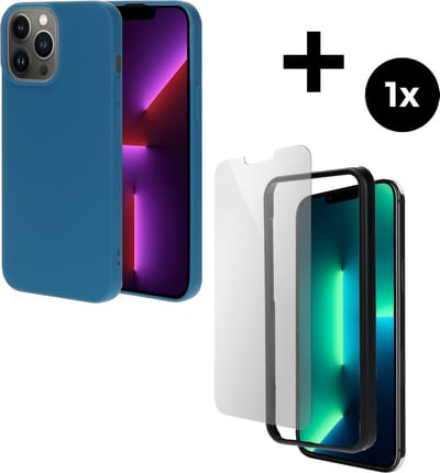 Mobiparts Silicone Cover hoesje geschikt voor Apple iPhone 13 Pro Max met 1 Screenprotector van Gehard Glas - Blauw