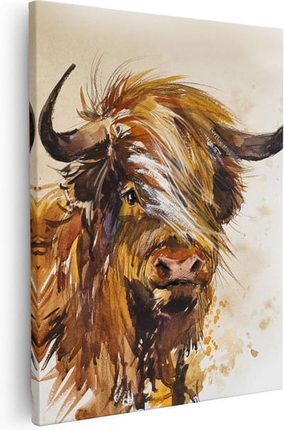 Artaza Canvas Schilderij Schotse Hooglander - 80x100 cm - Groot - Wanddecoratie Woonkamer - Muurdecoratie Aquarel - Schilderijen Op Canvas Dieren