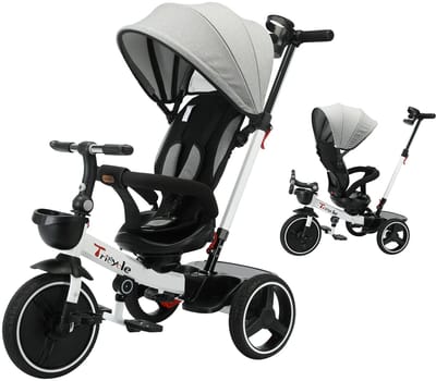 LUMÈ STORE driewieler - Kinderwagen - Kinderfiets - Afneembare Duwstang - Met Zonnescherm - Met Veiligheidsbeugel - Grijs - Zwart