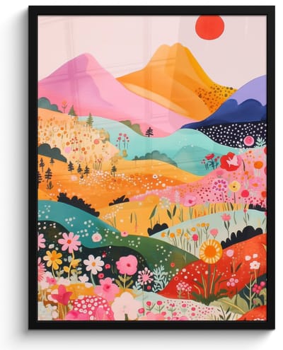 Poster in lijst - Fotolijst 60x80 cm - Posters - Kleurrijke bloemen - Bergen - Fantasielandschap - Posterlijst zwart - Decoratie - Wanddecoratie woonkamer - Muurdecoratie slaapkamer