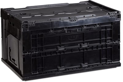 2x vouwkrat, stapelbaar, 60 l, met deksel, HxBxD 32,5 x 58,5 x 39,5 cm, stabiele boodschappenkrat, zwart