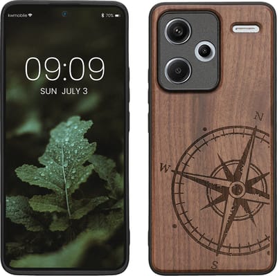 kwmobile telefoonhoesje geschikt voorXiaomi Redmi Note 13 Pro+ 5G / Redmi Note 13 Pro Plus 5G - Hoesje met bumper - hout - In donkerbruin Vintage Kompas design