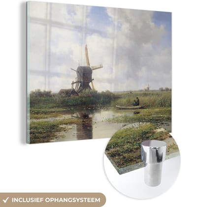 MuchoWow® Glasschilderij 120x90 cm - Schilderij acrylglas - Molen - Willem Roelofs - Oude meesters - Kunst - Foto op glas - Schilderijen