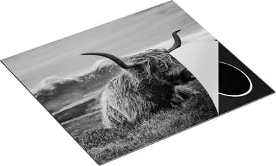 Chefcare Inductie Beschermer Schotse Hooglander Ligt in de Bergen - Zwart Wit - 60x50 cm - Afdekplaat Inductie - Kookplaat Beschermer - Inductie Mat