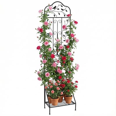 COSTWAY Metalen hekwerk, 3-in-1 decoratief tuinhek, bloemenrek en plantensteun, vrijstaande klimhulp met sokkel, hekwerk voor klimplanten, bloemen, groenten (zwart, 1 stuks)