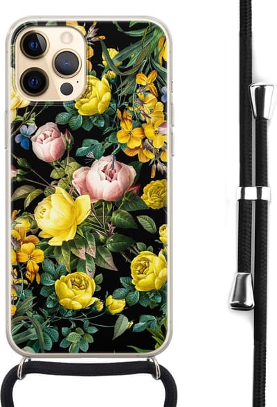 Hoesje met koord - Geschikt voor iPhone 12 - Bloemen geel - Verstelbaar zwart koord - Zwart, Transparant, Geel - Bloemen - Leuke Telefoonhoesjes