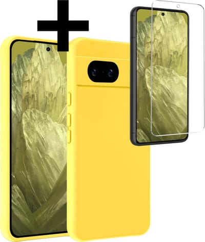 Hoesje - Met Screenprotector - Geschikt voor Google Pixel 8a - Sterk & Shockproof - Back Cover - Siliconen Case - Telefoon Hoes - Telefoonhoesjes - Geel