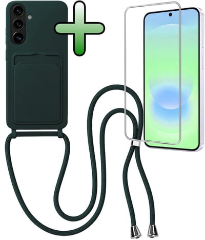 Hoes Geschikt voor Samsung A37 Hoesje Met Koord Met Screenprotector - Telefoonhoesje Geschikt voor Samsung Galaxy A37 Backcover Met Afneembaar Koord - Donkergroen