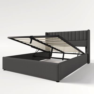 Opbergbed, gestoffeerd bed, hydraulisch tweepersoonsbed 140x200cm, lattenbodem met houten latten, metalen lattenbodem, linnen, grijs (inclusief matras)