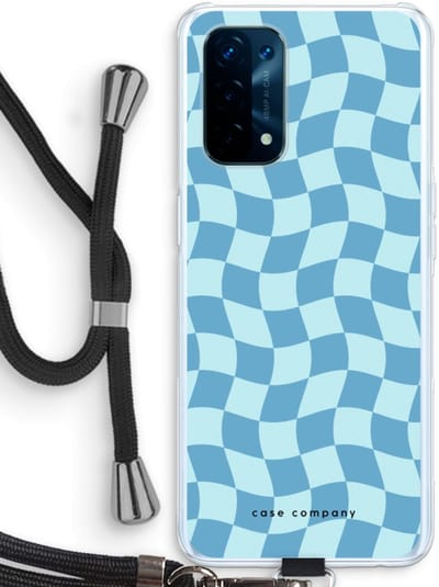 Case Company® - Hoesje met koord geschikt voor Oppo A74 5G hoesje met Koord - Grid Blauw - Telefoonhoesje met Zwart Koord - Bescherming aan alle Kanten en Over de Schermrand