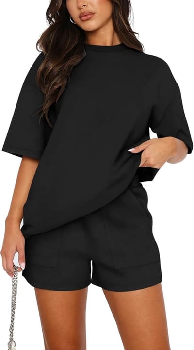 Vrouwen Katoen Korte Mouw Trainingspak Set Ronde Hals Effen Kleur Shirt en Shorts met twee Zakken Tweedelige Outfit co ord Sets